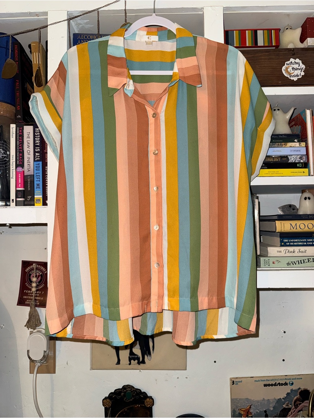 Charming Charlie Vertical Striped Button-Down Top in Peach, Mustard & Sage